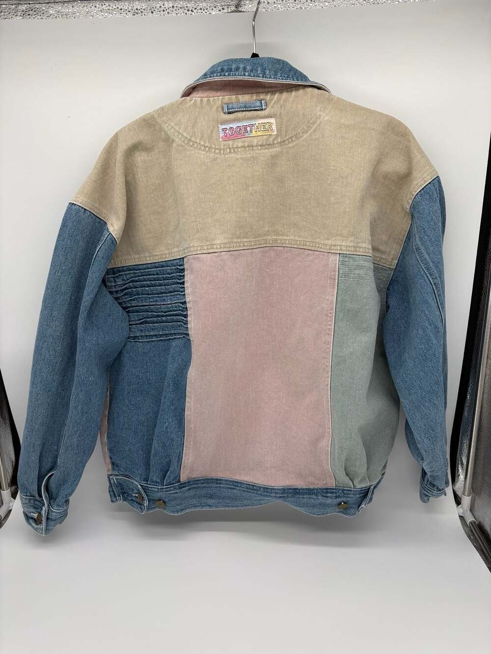 Together! Vintage 90s Pastel Colorblock Patchwork Denim Jacket Sz L - Picture 2 of 6